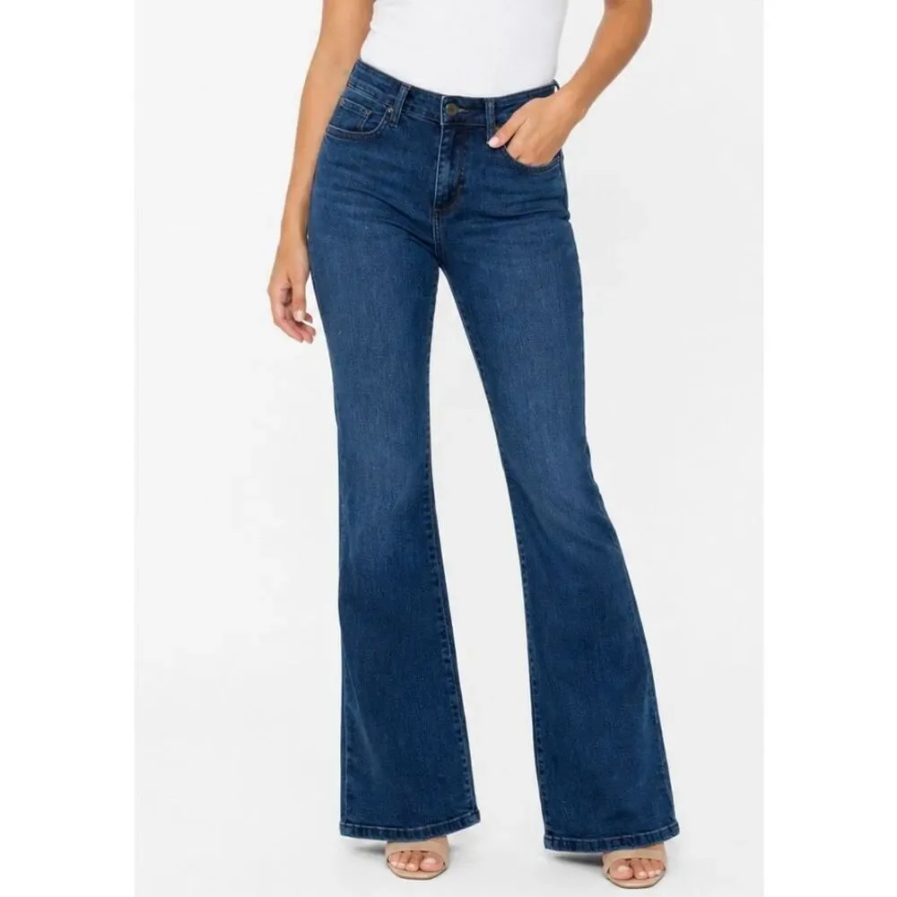 Brisk high rise stretch flared dark wash jeans 28